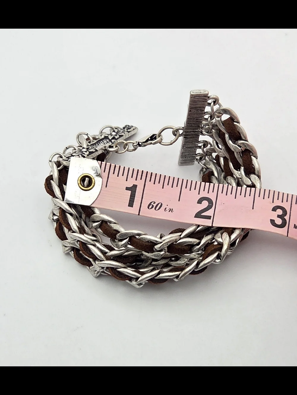 ​GUESS Silver Tone Multi Strand Wide Chain & Brown Suede Cuff Bracelet